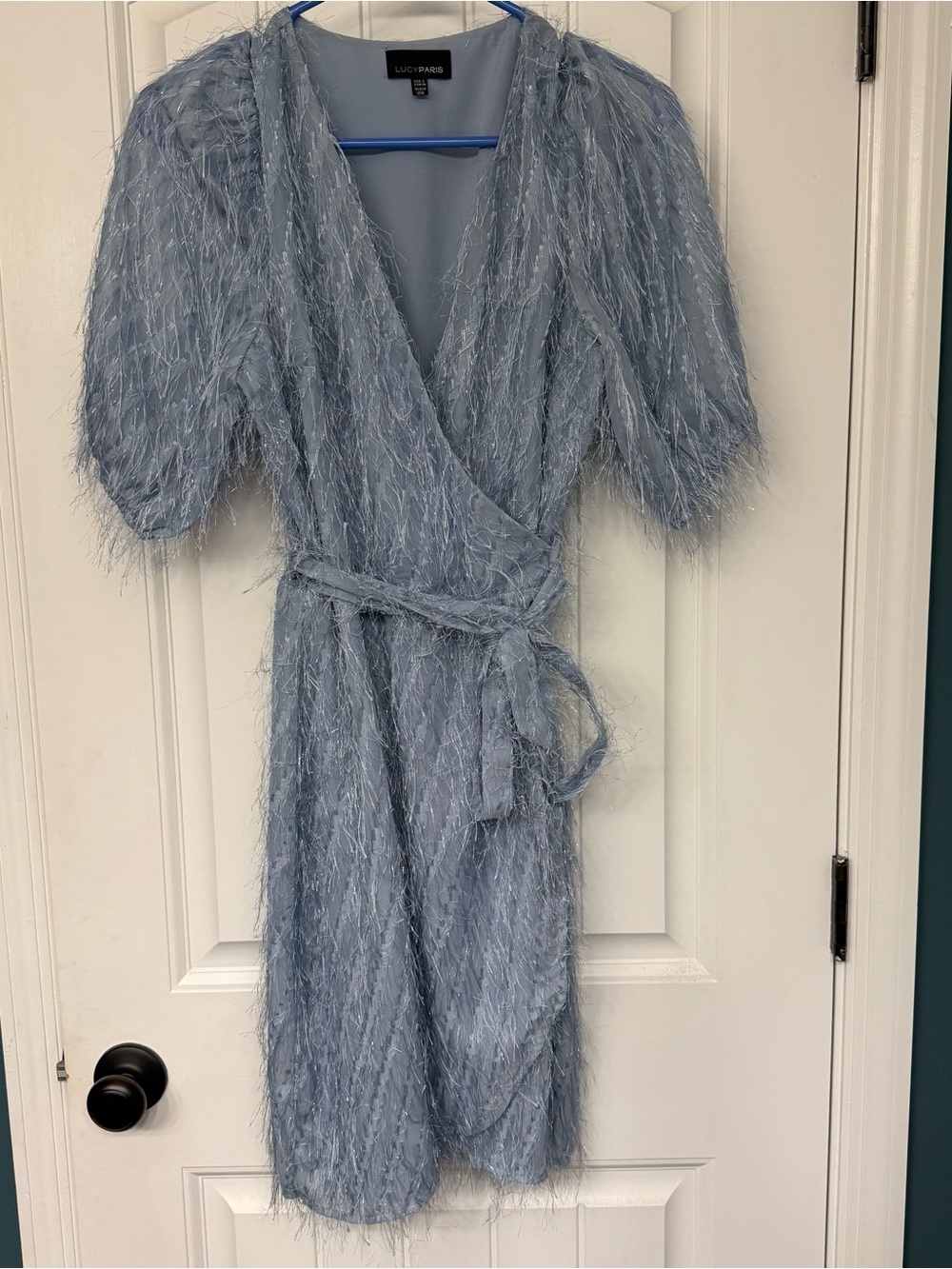 Lucy Paris Light Blue Feathered Wrap Dress